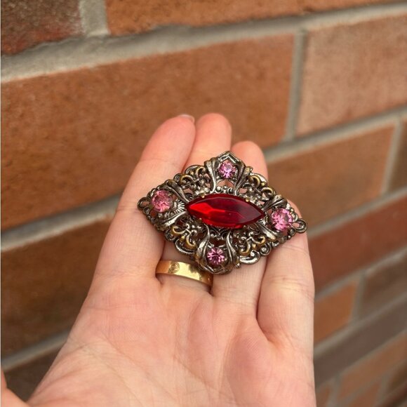 Vintage Red Gemstone and Pink Rhinestone Accent Brooch Pin from Madeira - Picture 5 of 5